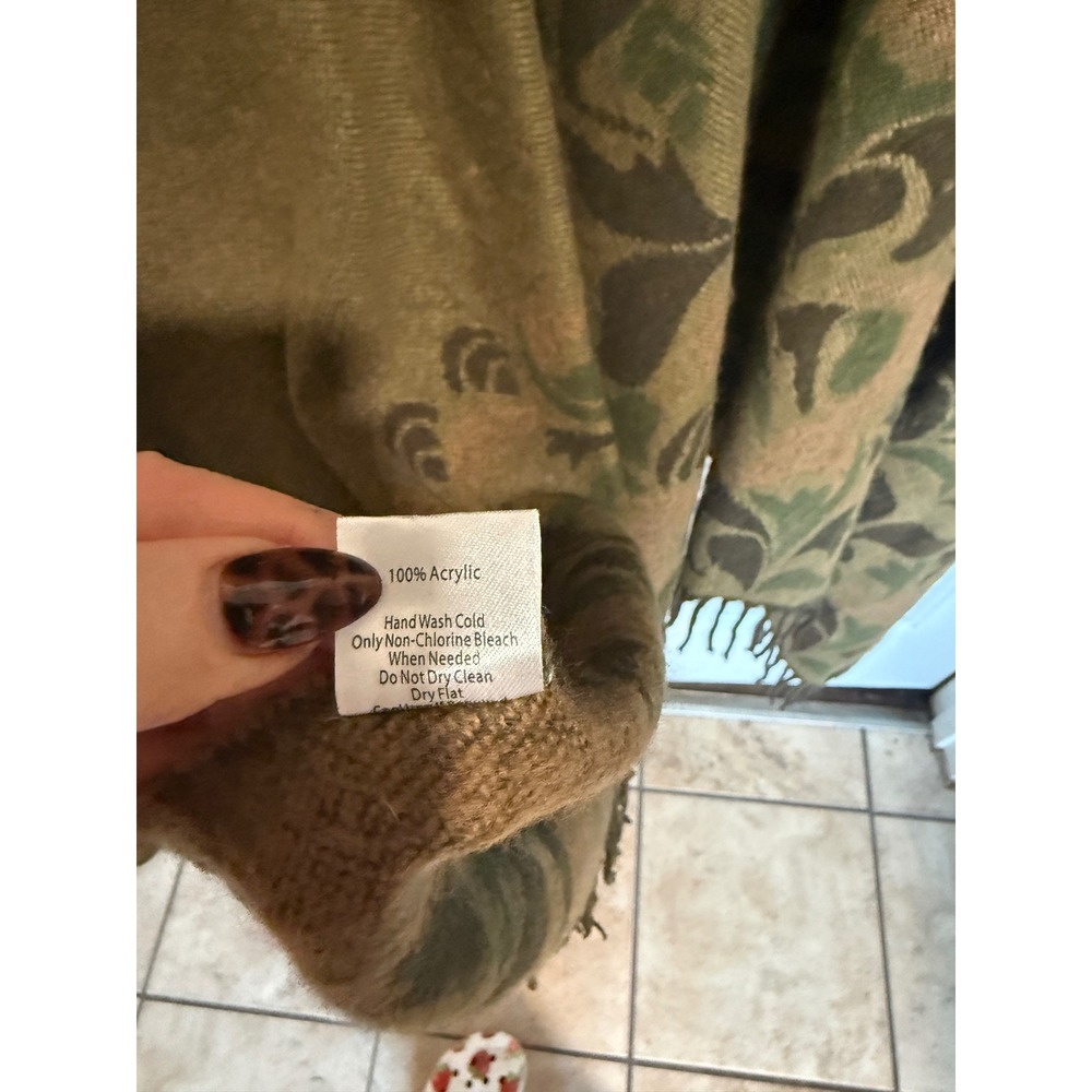 Olive Green Reversible Floral Fringe Cape Open Front Wrap Coat One Size - Picture 4 of 4